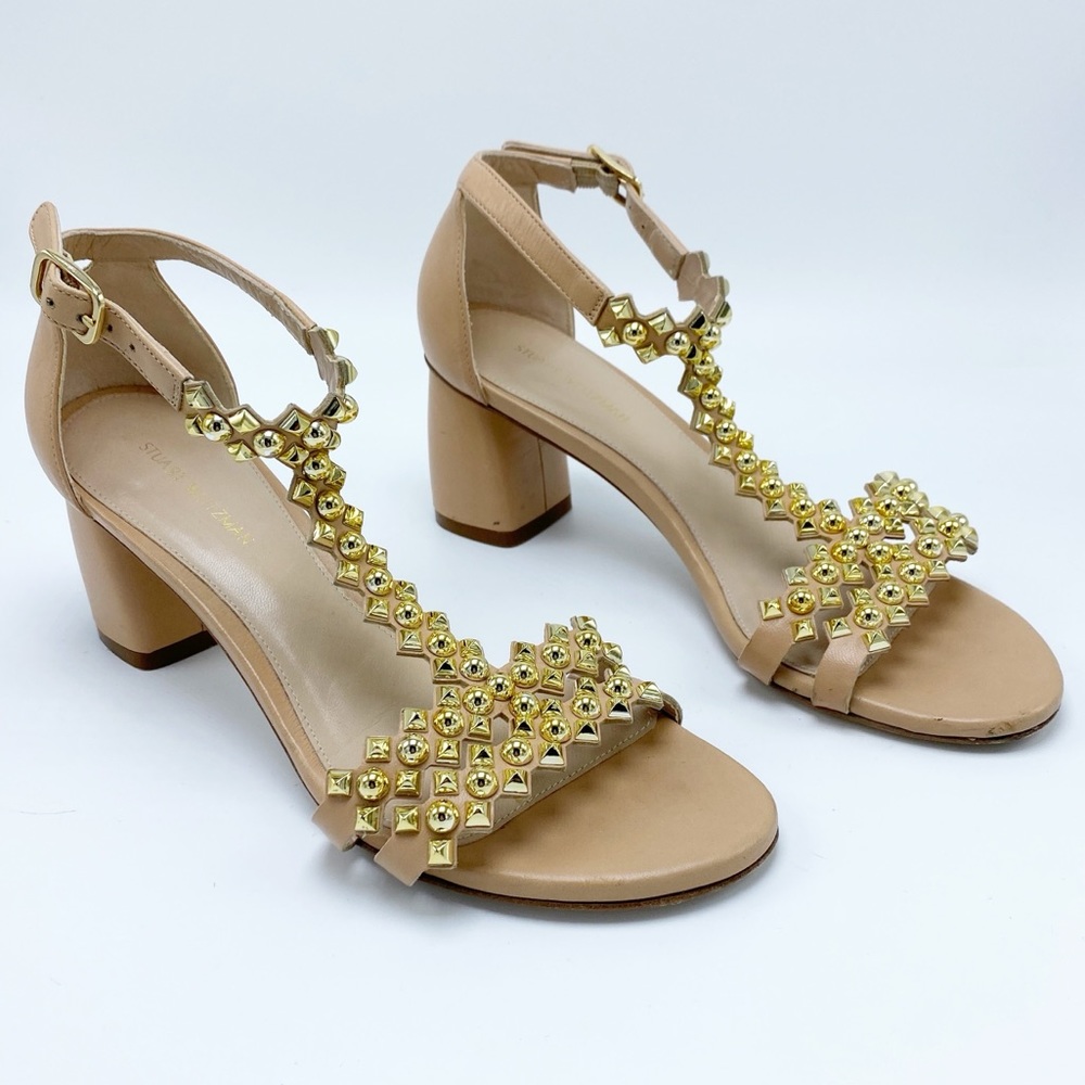 Stuart Weitzman size 6.5 Beige Leather Gold Studded T-strap Block Heel Sandal